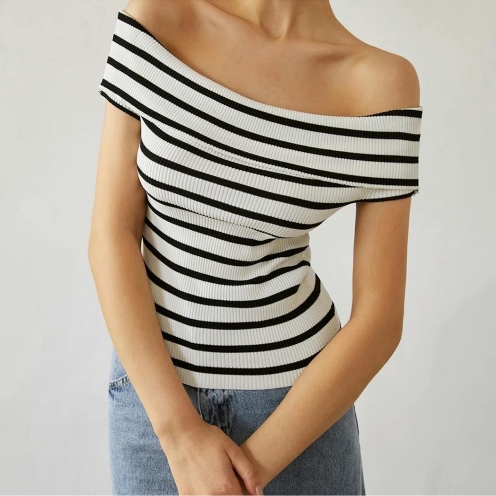 Olivaceous Black and White Striped Off-Shoulder Top
